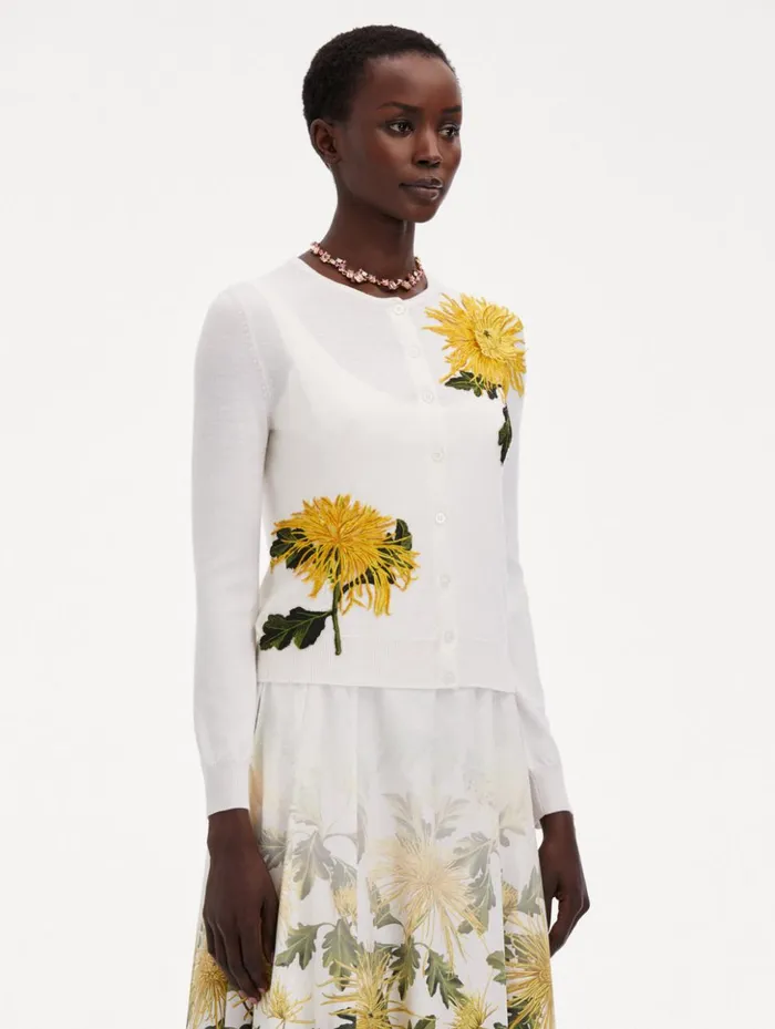 Women Blouses and Knits Oscar De La Renta Chrysanthemum Threadwork Cardigan Ivory