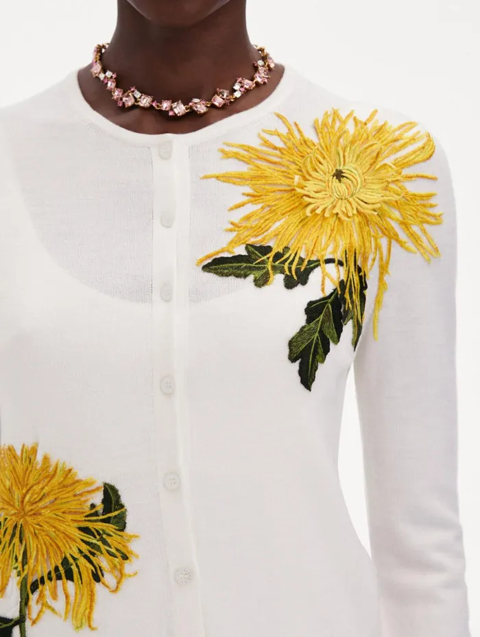Women Blouses and Knits Oscar De La Renta Chrysanthemum Threadwork Cardigan Ivory