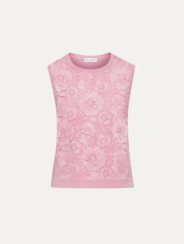 Women Blouses and Knits Oscar De La Renta Floral Guipure Inset Tank Soft Pink