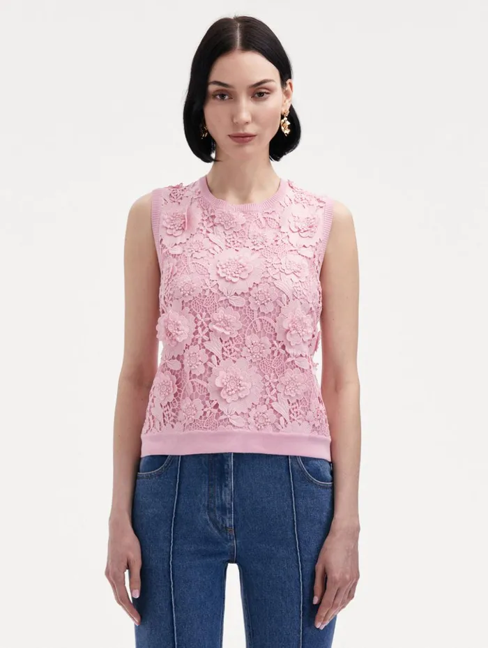 Women Blouses and Knits Oscar De La Renta Floral Guipure Inset Tank Soft Pink