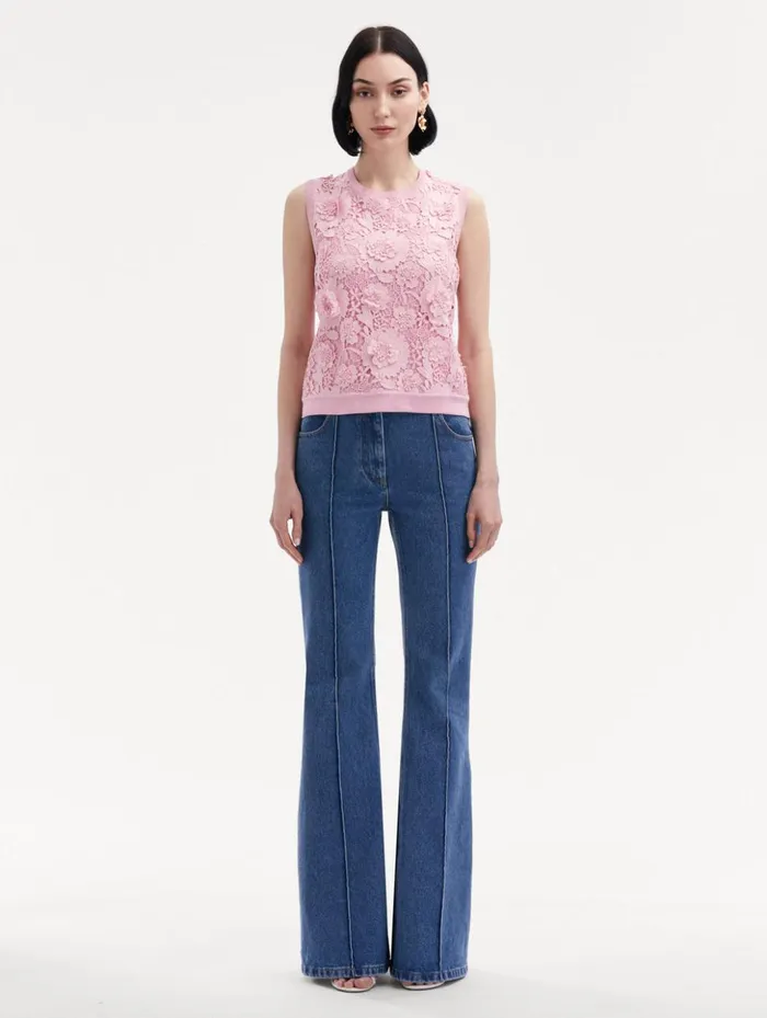 Women Blouses and Knits Oscar De La Renta Floral Guipure Inset Tank Soft Pink