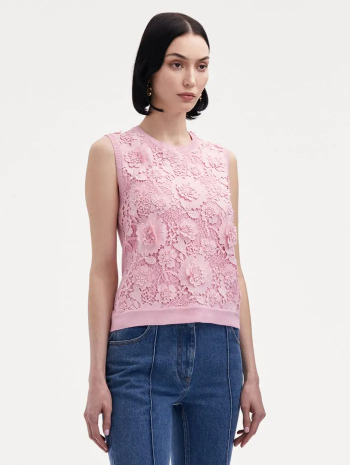 Women Blouses and Knits Oscar De La Renta Floral Guipure Inset Tank Soft Pink