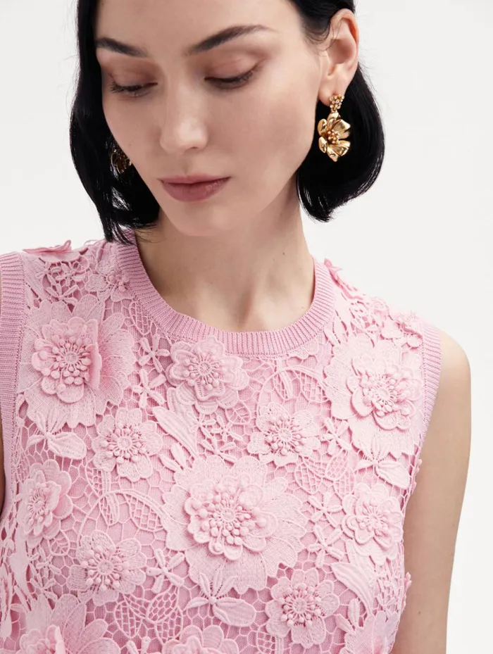 Women Blouses and Knits Oscar De La Renta Floral Guipure Inset Tank Soft Pink