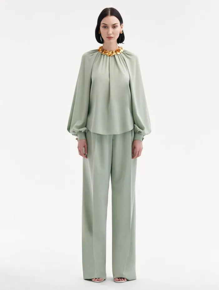 Women Blouses and Knits Oscar De La Renta Long Sleeve Georgette Blouse Eucalyptus Women Blouses and Knits Oscar De La Renta Long Sleeve Georgette Blouse Eucalyptus