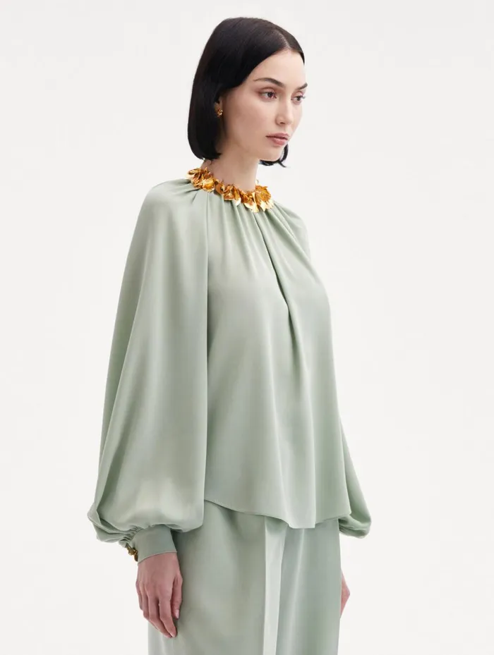 Women Blouses and Knits Oscar De La Renta Long Sleeve Georgette Blouse Eucalyptus Women Blouses and Knits Oscar De La Renta Long Sleeve Georgette Blouse Eucalyptus