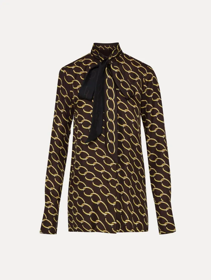 Women Blouses and Knits Oscar De La Renta Oscar ChainLink Silk Twill Blouse Cafe Gold