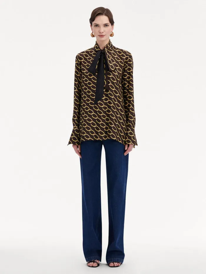 Women Blouses and Knits Oscar De La Renta Oscar ChainLink Silk Twill Blouse Cafe Gold