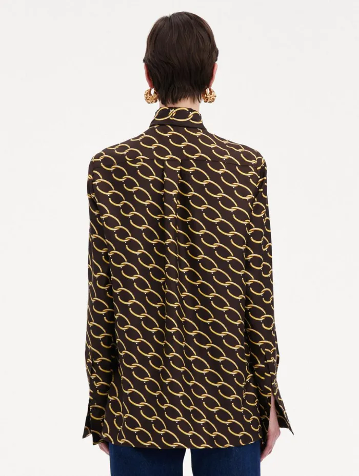 Women Blouses and Knits Oscar De La Renta Oscar ChainLink Silk Twill Blouse Cafe Gold