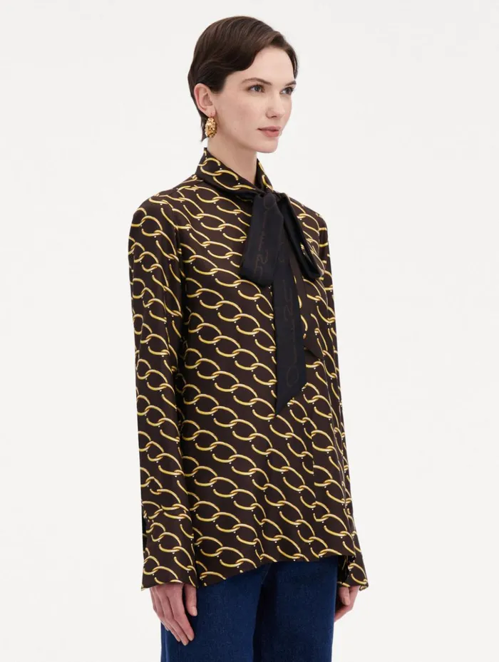 Women Blouses and Knits Oscar De La Renta Oscar ChainLink Silk Twill Blouse Cafe Gold