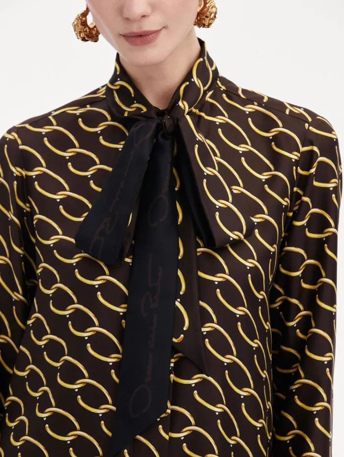 Women Blouses and Knits Oscar De La Renta Oscar ChainLink Silk Twill Blouse Cafe Gold
