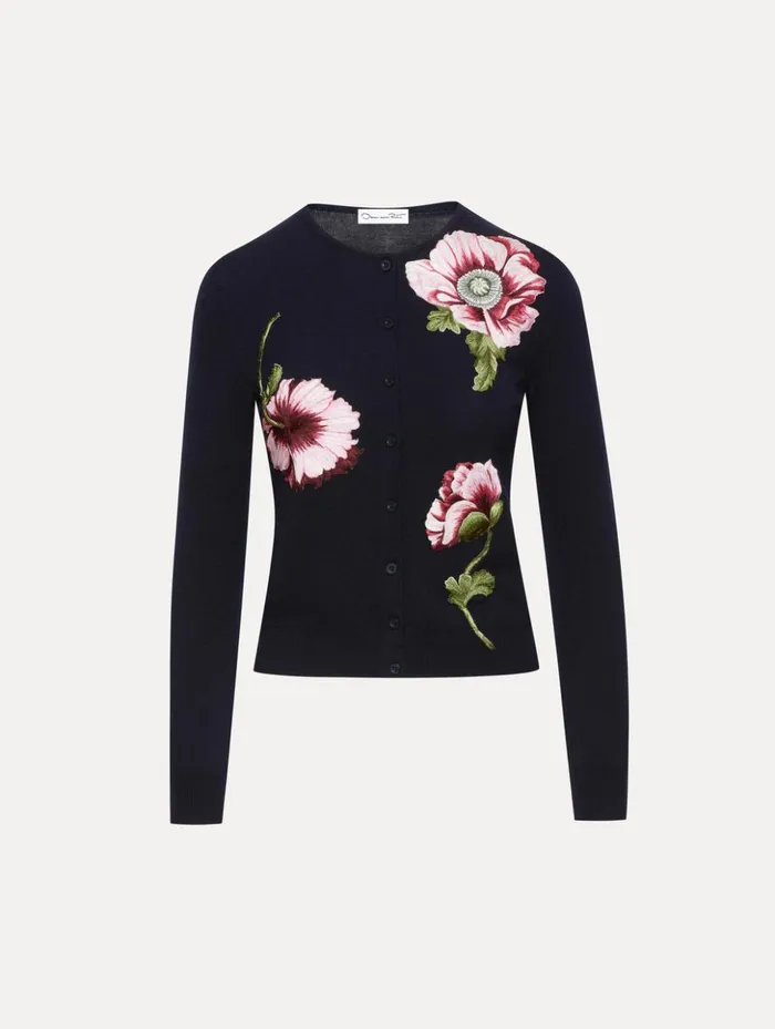 Women Blouses and Knits Oscar De La Renta Poppy Threadwork Cardigan Navy Pink