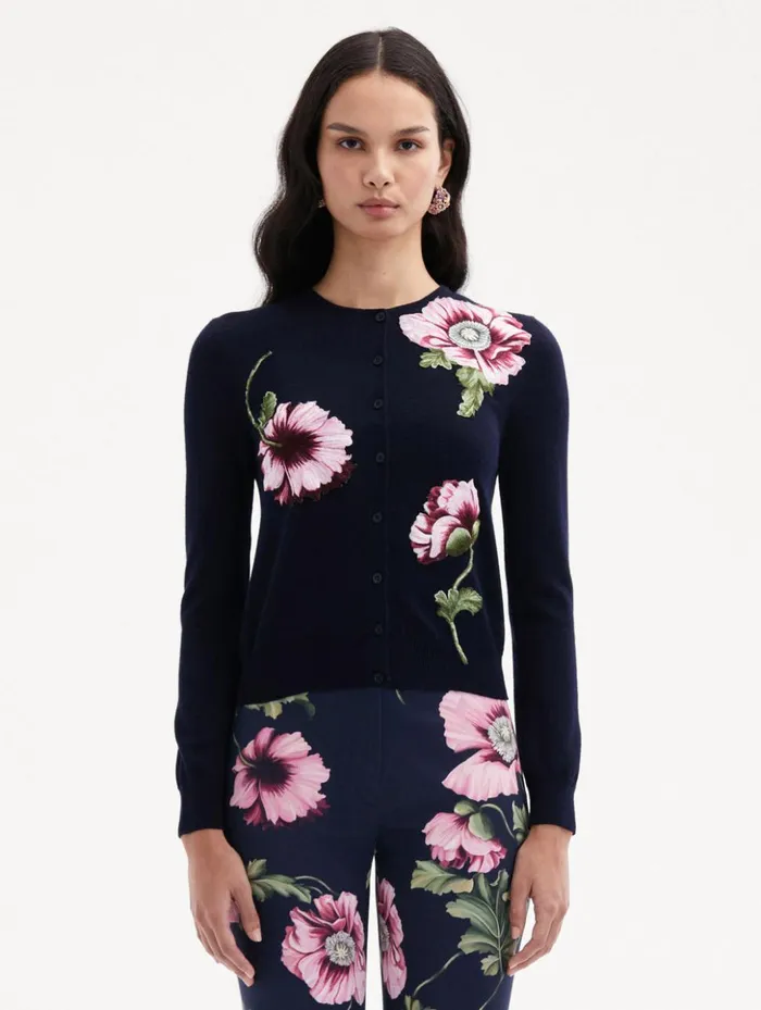 Women Blouses and Knits Oscar De La Renta Poppy Threadwork Cardigan Navy Pink Women Blouses and Knits Oscar De La Renta Poppy Threadwork Cardigan Navy Pink