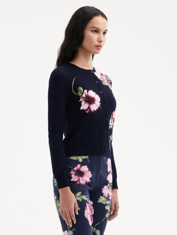 Women Blouses and Knits Oscar De La Renta Poppy Threadwork Cardigan Navy Pink Women Blouses and Knits Oscar De La Renta Poppy Threadwork Cardigan Navy Pink