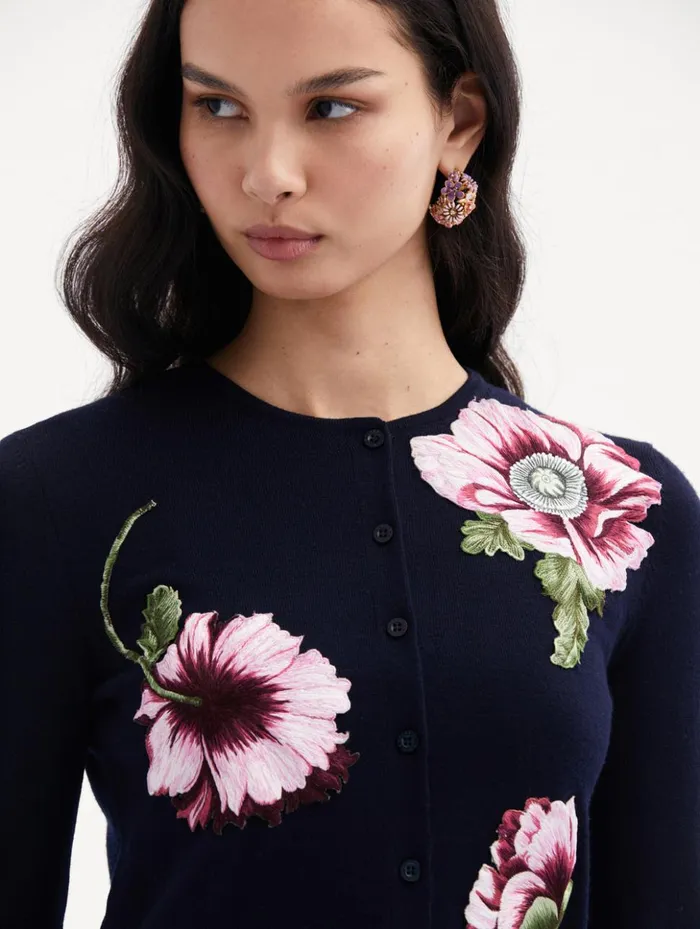 Women Blouses and Knits Oscar De La Renta Poppy Threadwork Cardigan Navy Pink Women Blouses and Knits Oscar De La Renta Poppy Threadwork Cardigan Navy Pink