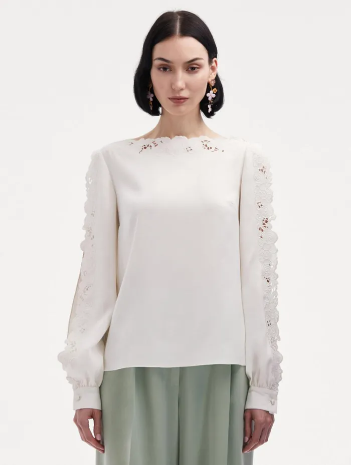 Women Blouses and Knits Oscar De La Renta Threadwork Embroidered Blouse Ivory Women Blouses and Knits Oscar De La Renta Threadwork Embroidered Blouse Ivory