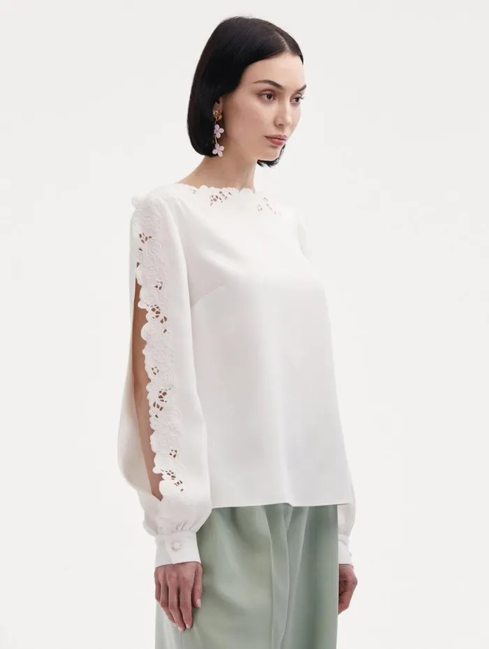 Women Blouses and Knits Oscar De La Renta Threadwork Embroidered Blouse Ivory Women Blouses and Knits Oscar De La Renta Threadwork Embroidered Blouse Ivory