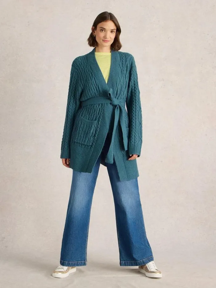Women CABLE BELTED CARDIGAN Mid Blue White Stuff Knitwear