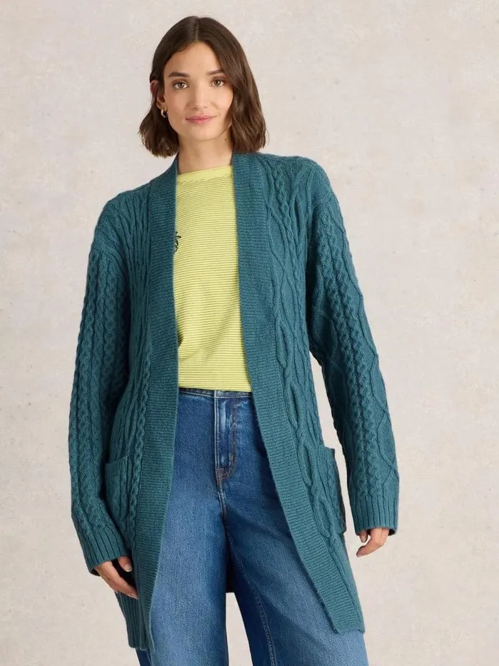 Women CABLE BELTED CARDIGAN Mid Blue White Stuff Knitwear