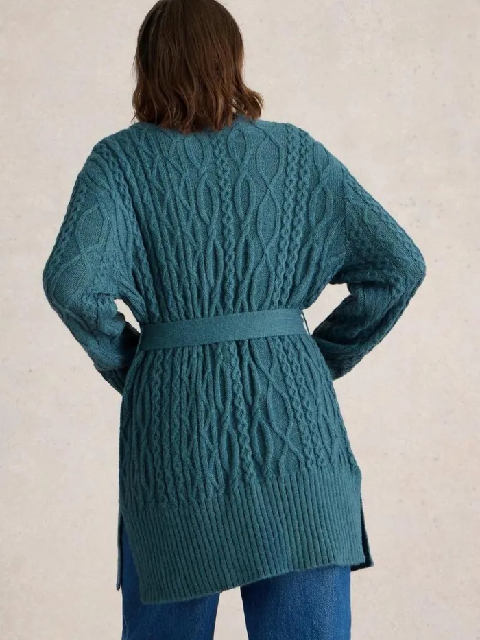 Women CABLE BELTED CARDIGAN Mid Blue White Stuff Knitwear