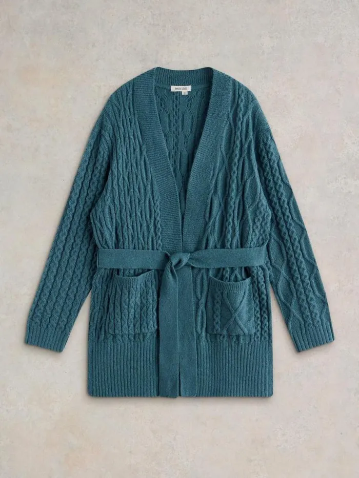 Women CABLE BELTED CARDIGAN Mid Blue White Stuff Knitwear