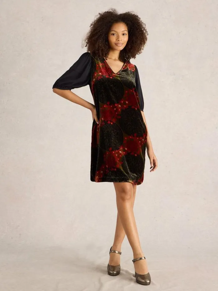 Women Cleo Velvet Mix Dress Green Print White Stuff Dresses