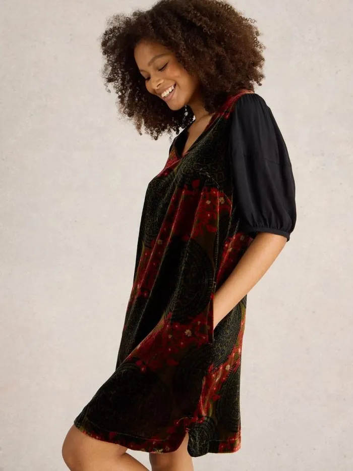 Women Cleo Velvet Mix Dress Green Print White Stuff Dresses