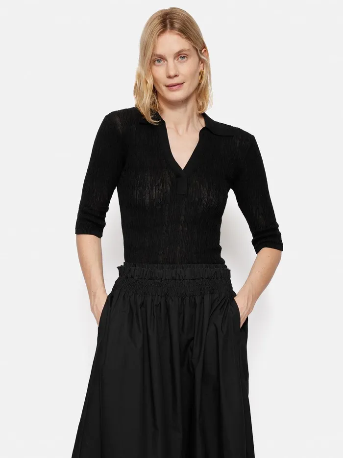 Women Collar Knitted Top Black Jigsaw Shirts and Tops