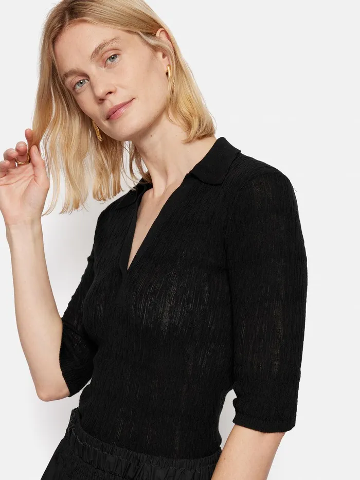 Women Collar Knitted Top Black Jigsaw Shirts and Tops