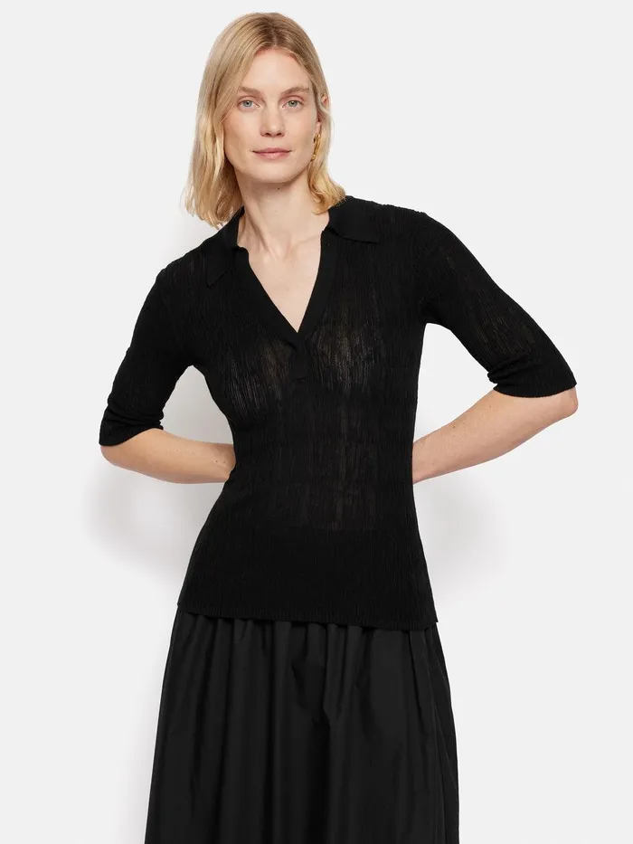Women Collar Knitted Top Black Jigsaw Shirts and Tops