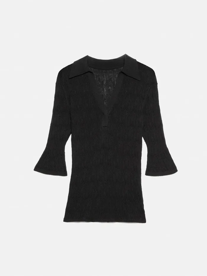 Women Collar Knitted Top Black Jigsaw Shirts and Tops