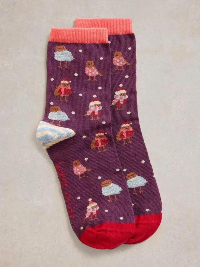 Women Cosy Robin Sock In A Cracker Plum Multi White Stuff Socks