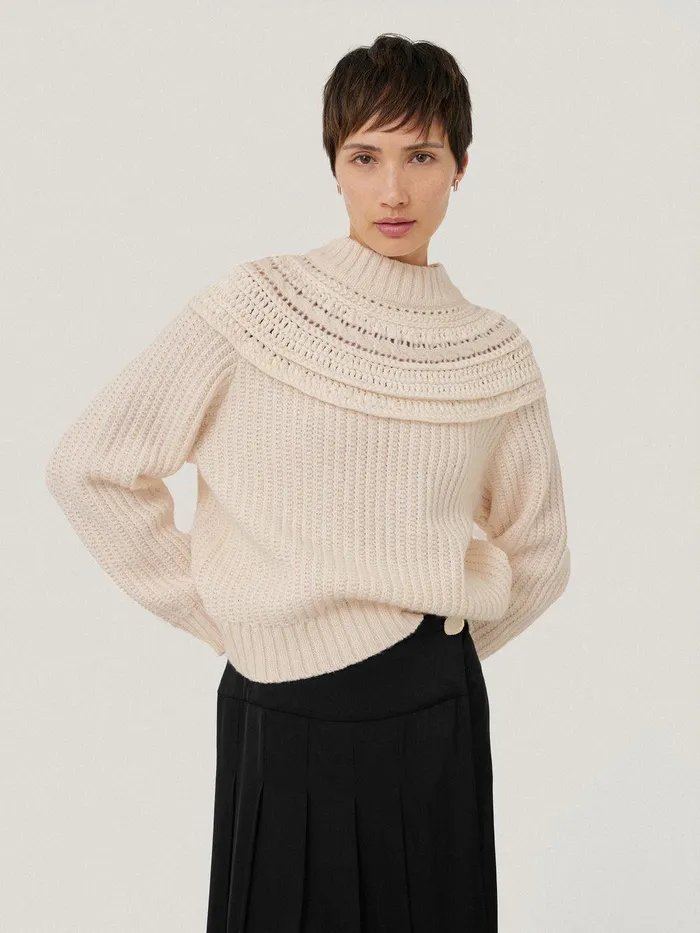 Women Crochet Yoke Jumper Cream Jigsaw Knitwear and Cashmere