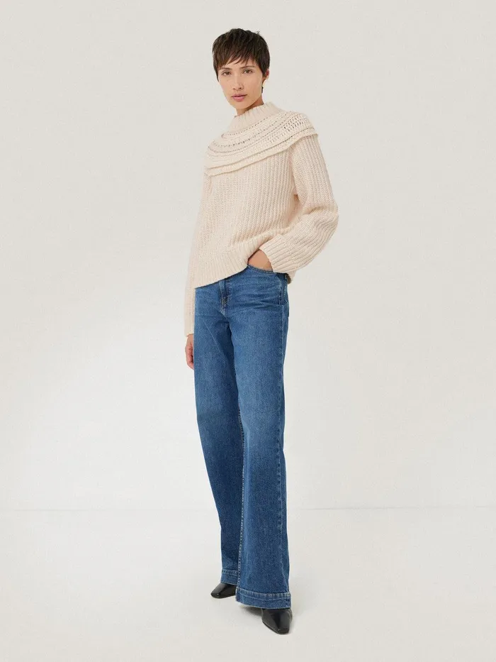 Women Crochet Yoke Jumper Cream Jigsaw Knitwear and Cashmere