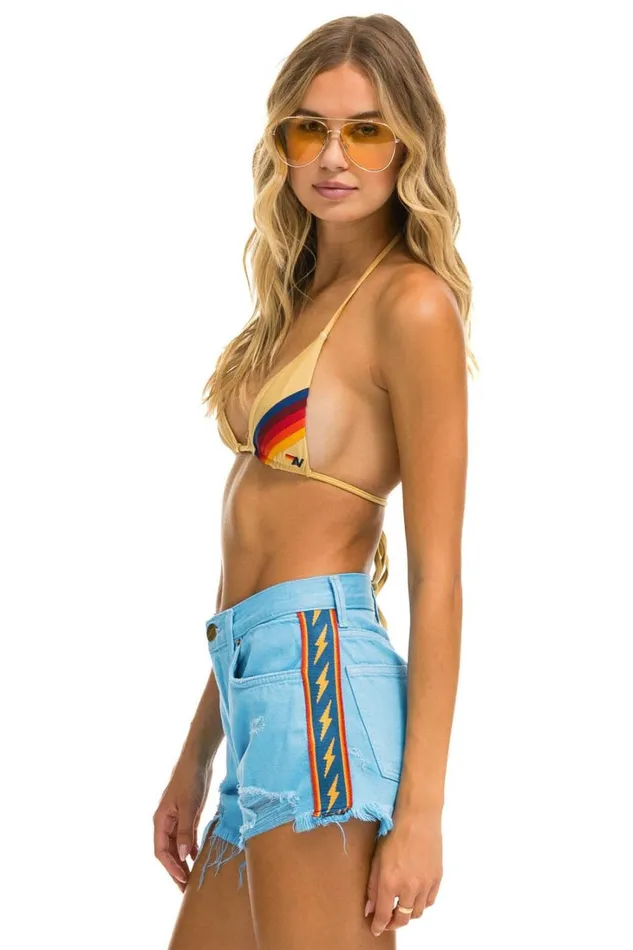 Women Denim Aviator Nation BOLT STRIPE BOYFRIEND CUTOFF JEAN SHORTS 8211 SKY