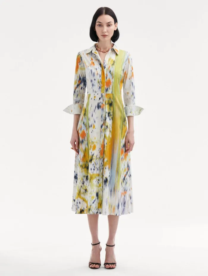 Women Dresses Oscar De La Renta 34 Sleeve Abstract Brushstroke Dress Citrine Multi Women Dresses Oscar De La Renta 34 Sleeve Abstract Brushstroke Dress Citrine Multi