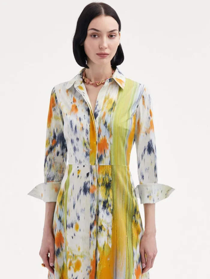Women Dresses Oscar De La Renta 34 Sleeve Abstract Brushstroke Dress Citrine Multi Women Dresses Oscar De La Renta 34 Sleeve Abstract Brushstroke Dress Citrine Multi