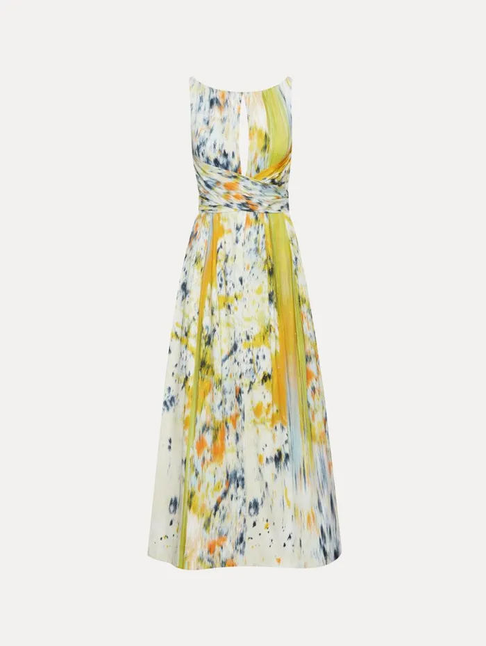 Women Dresses Oscar De La Renta Abstract Brushstroke Cotton Raso Dress Citrine Multi
