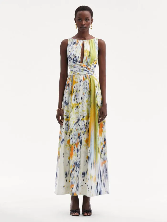 Women Dresses Oscar De La Renta Abstract Brushstroke Cotton Raso Dress Citrine Multi Women Dresses Oscar De La Renta Abstract Brushstroke Cotton Raso Dress Citrine Multi
