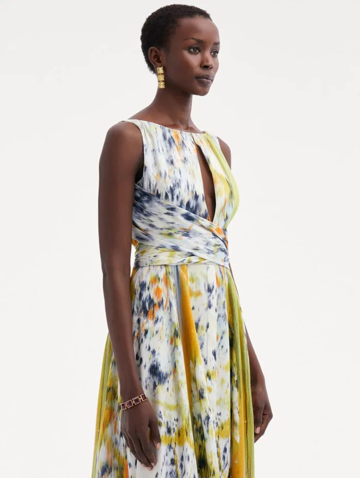 Women Dresses Oscar De La Renta Abstract Brushstroke Cotton Raso Dress Citrine Multi Women Dresses Oscar De La Renta Abstract Brushstroke Cotton Raso Dress Citrine Multi