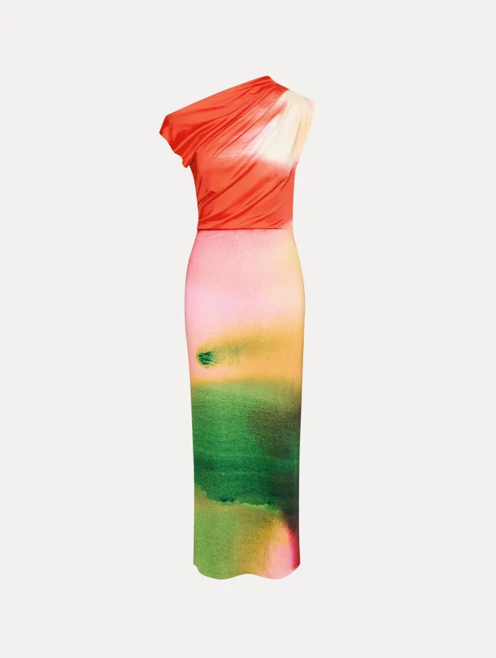 Women Dresses Oscar De La Renta Abstract Watercolor Jersey Dress Vermilion Multi