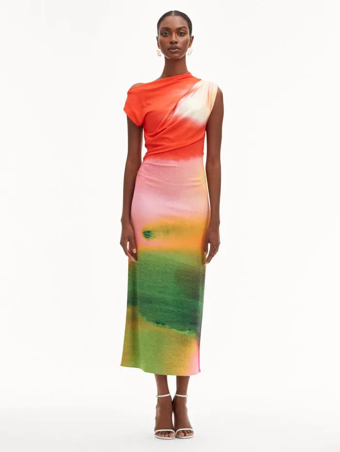Women Dresses Oscar De La Renta Abstract Watercolor Jersey Dress Vermilion Multi Women Dresses Oscar De La Renta Abstract Watercolor Jersey Dress Vermilion Multi