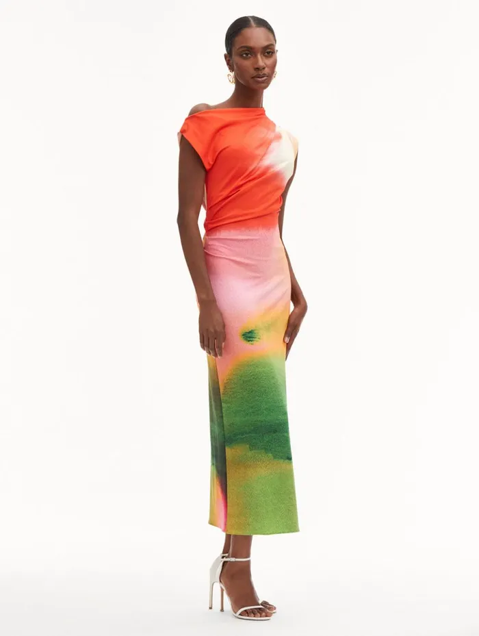 Women Dresses Oscar De La Renta Abstract Watercolor Jersey Dress Vermilion Multi Women Dresses Oscar De La Renta Abstract Watercolor Jersey Dress Vermilion Multi