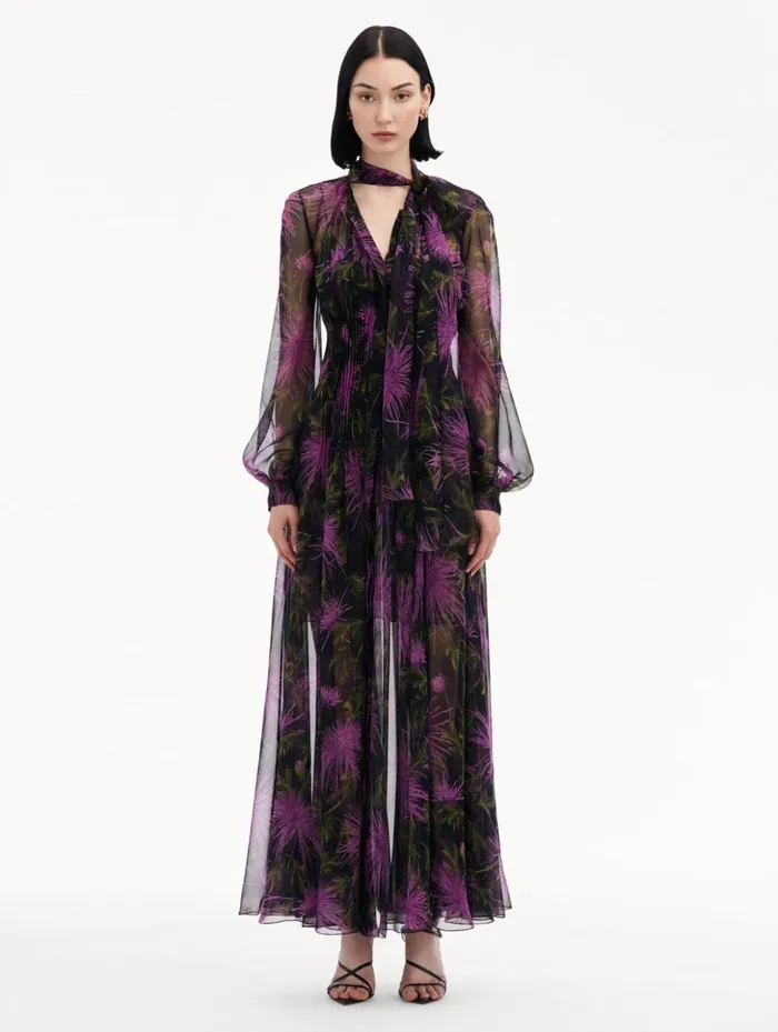 Women Dresses Oscar De La Renta Chrysanthemum Chiffon Maxi Dress Purple Navy