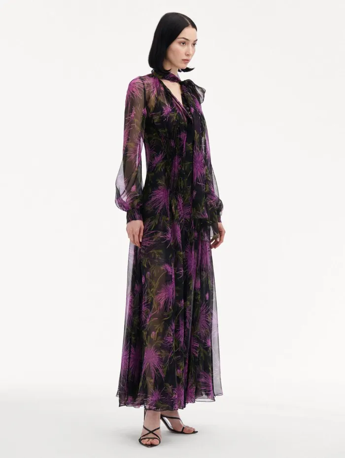 Women Dresses Oscar De La Renta Chrysanthemum Chiffon Maxi Dress Purple Navy