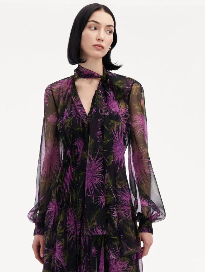 Women Dresses Oscar De La Renta Chrysanthemum Chiffon Maxi Dress Purple Navy