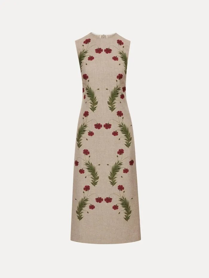 Women Dresses Oscar De La Renta Marbled Carnation Canvas Pencil Dress Linen Red