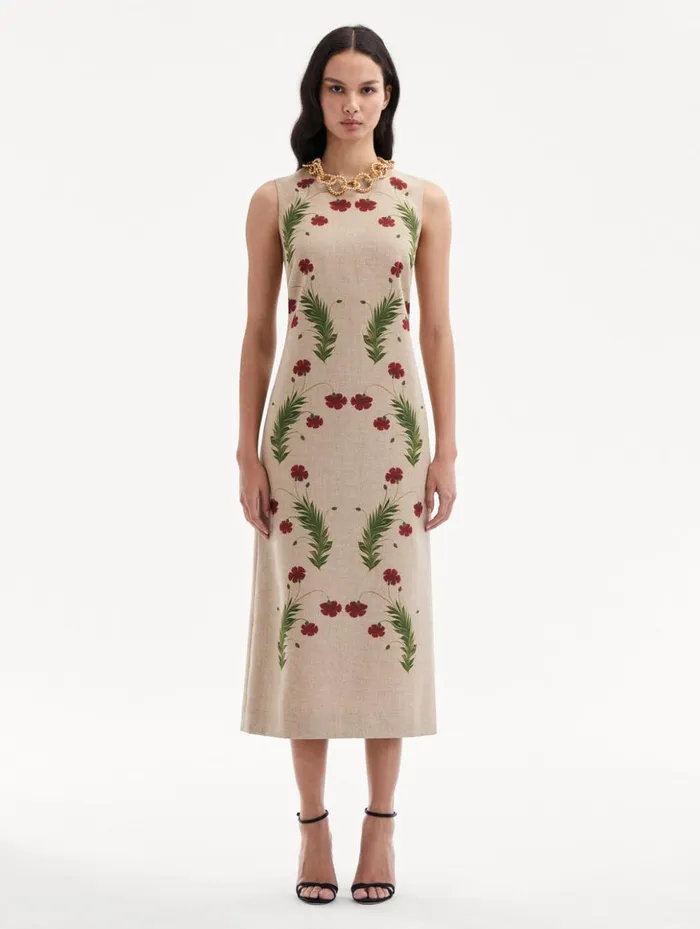 Women Dresses Oscar De La Renta Marbled Carnation Canvas Pencil Dress Linen Red Women Dresses Oscar De La Renta Marbled Carnation Canvas Pencil Dress Linen Red