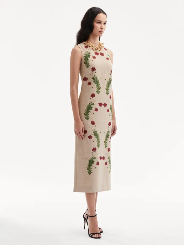Women Dresses Oscar De La Renta Marbled Carnation Canvas Pencil Dress Linen Red Women Dresses Oscar De La Renta Marbled Carnation Canvas Pencil Dress Linen Red