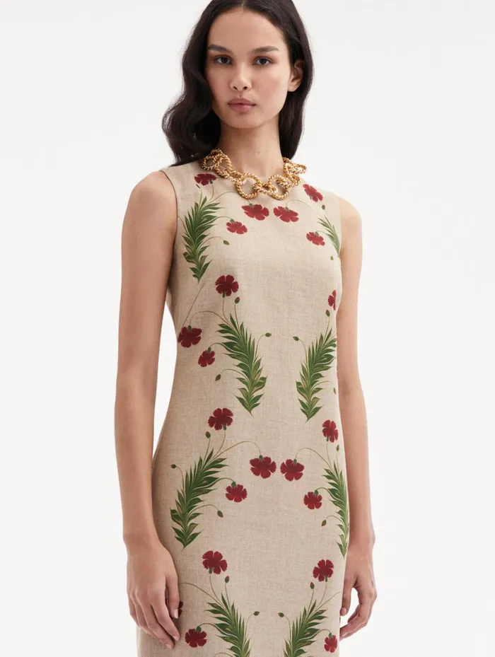 Women Dresses Oscar De La Renta Marbled Carnation Canvas Pencil Dress Linen Red Women Dresses Oscar De La Renta Marbled Carnation Canvas Pencil Dress Linen Red