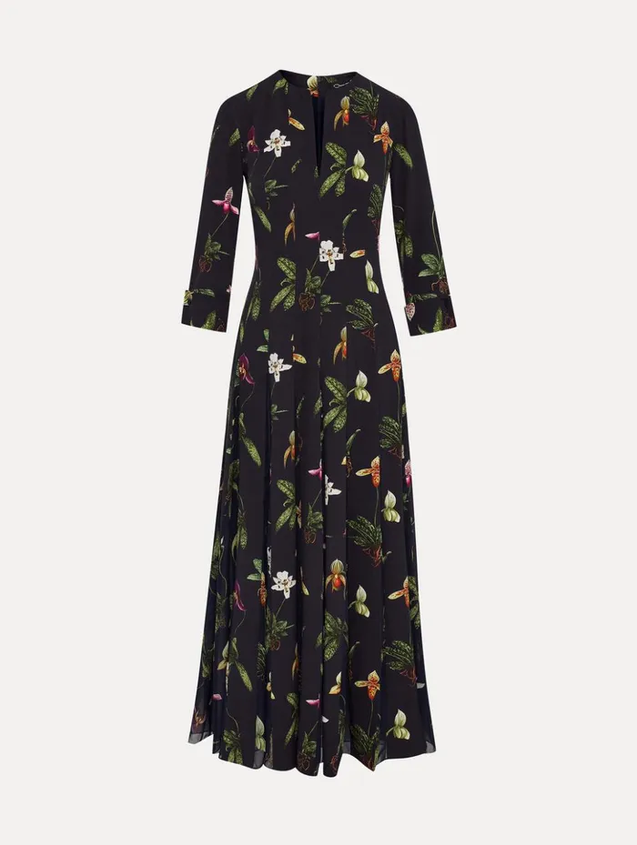 Women Dresses Oscar De La Renta Orchid Cady Inset 34 Sleeve Dress Navy Multi